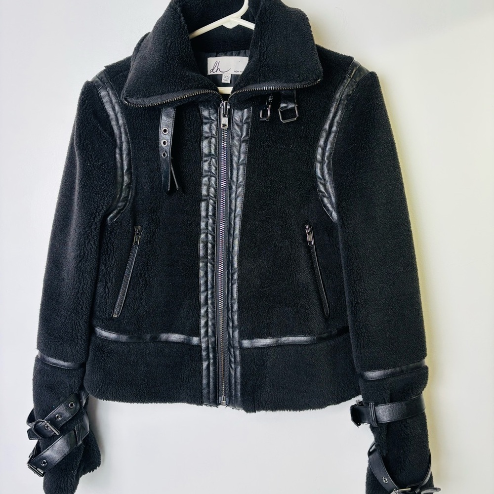dh New York Black Faux Leather Trim Fleece Moto Jacket